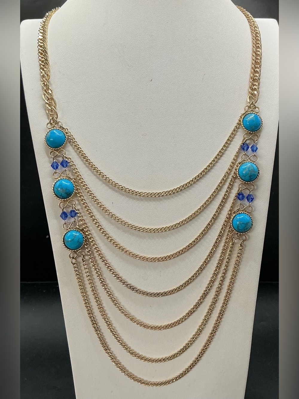 SPRING STREET LAYERED GOLD TONE CHAIN NECKLACE FAUX TURQUOISE BLUE BEAD ACCENTS